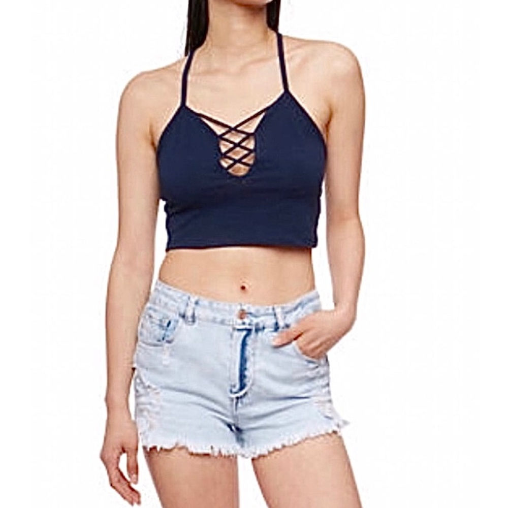 Women's Dark Navy Blue Halter Spaghetti Strap Sleeveless Crop Top - Size Medium